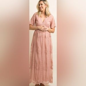 PinkBlush Light Pink Lace Mesh Overlay Maternity Maxi Dress